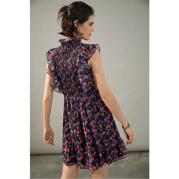 NEW Anthropologie Ranna Gill Katya Ruffled Smocked Floral Mini Dress Medium - Picture 3 of 4